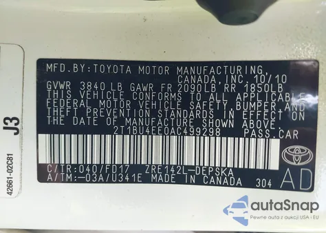 2010 Toyota Corolla S/Le/Xle z USA, uszkodzony, nr VIN 2T1BU4EE0AC499298